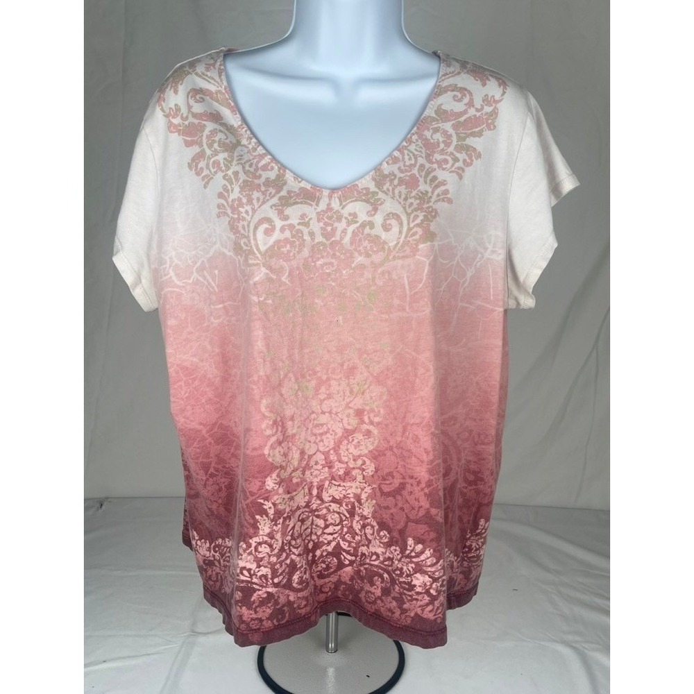 Liz Claiborne Woman Pink Ombre Damask V-Neck T-Shirt 100% Cotton Plus Size 1X